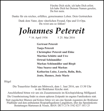 Traueranzeige von Johannes Petereit von Husumer Nachrichten