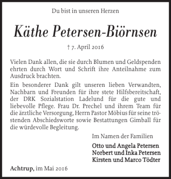 Traueranzeige von Käthe Petersen-Biörnsen von Nordfriesland Tageblatt