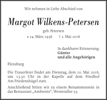 Traueranzeige von Margot Wilkens-Petersen von Flensburger Tageblatt