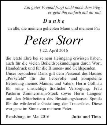 Traueranzeige von Peter Storr von Landeszeitung