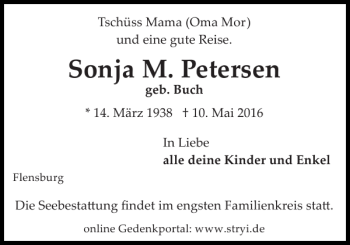 Traueranzeige von Sonja M. Petersen von Flensburger Tageblatt