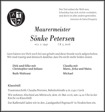 Traueranzeige von Sönke Petersen von Nordfriesland Tageblatt