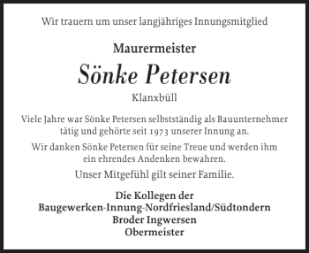 Traueranzeige von Sönke Petersen von Nordfriesland Tageblatt