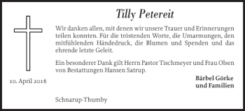 Traueranzeige von Tilly Petereit von Flensburger Tageblatt