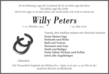 Traueranzeige von Willy Peters von Husumer Nachrichten