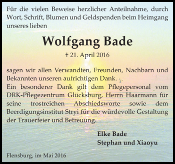Traueranzeige von Wolfgang Bade von Flensburger Tageblatt