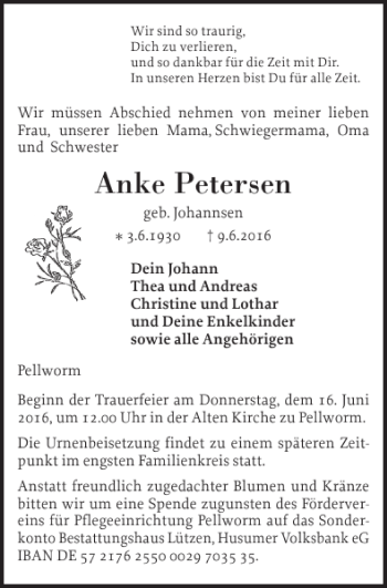 Traueranzeige von Anke Petersen von Husumer Nachrichten