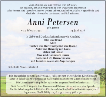 Traueranzeige von Anni Petersen geb. Jessen von Husumer Nachrichten