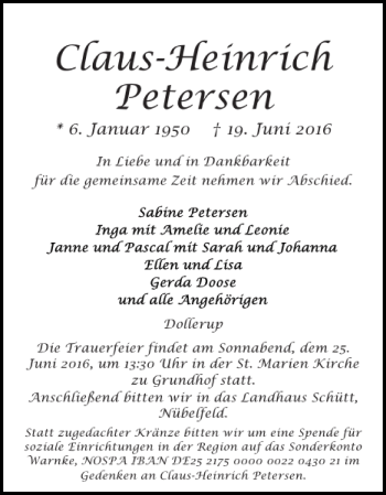 Traueranzeige von Claus-Heinrich Petersen von Flensburger Tageblatt