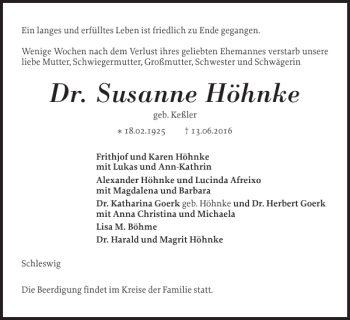 Traueranzeige von Dr. Susanne Höhnke von Schleswiger Nachrichten