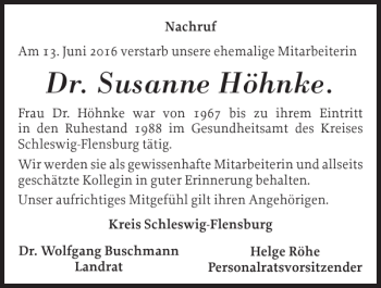 Traueranzeige von Dr. Susanne Höhnke von Schleswiger Nachrichten