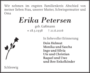Traueranzeige von Erika Petersen von Schleswiger Nachrichten