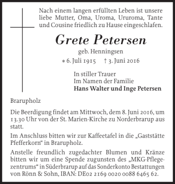 Traueranzeige von Grete Petersen von Flensburger Tageblatt