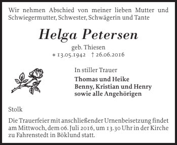 Traueranzeige von Helga Petersen von Schleswiger Nachrichten