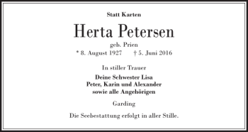 Traueranzeige von Herta Petersen von Husumer Nachrichten