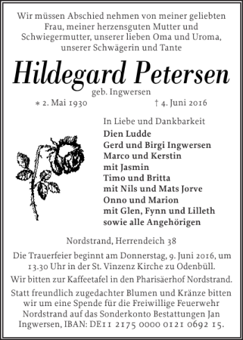 Traueranzeige von Hildegard Petersen von Husumer Nachrichten