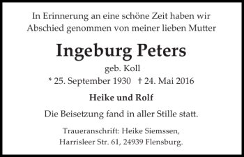 Traueranzeige von Ingeburg Peters von Flensburger Tageblatt