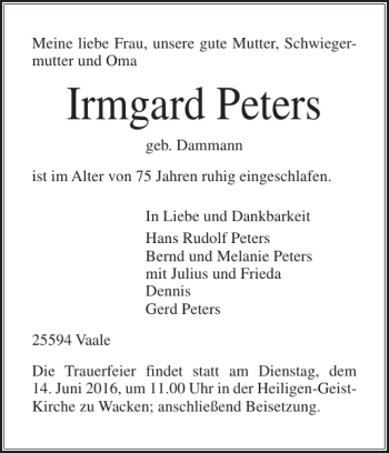 Traueranzeige von Irmgard Peters von Norddeutsche Rundschau
