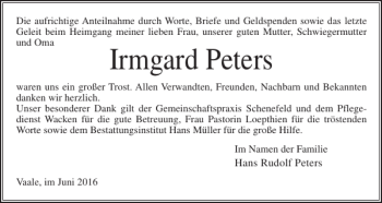 Traueranzeige von Irmgard Peters von Norddeutsche Rundschau