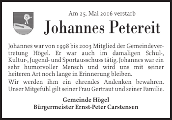 Traueranzeige von Johannes Petereit von Husumer Nachrichten