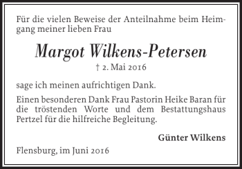 Traueranzeige von Margot Wilkens-Petersen von Flensburger Tageblatt