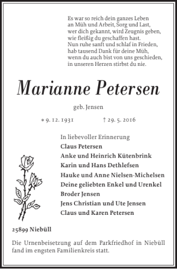 Traueranzeige von Marianne Petersen von Nordfriesland Tageblatt
