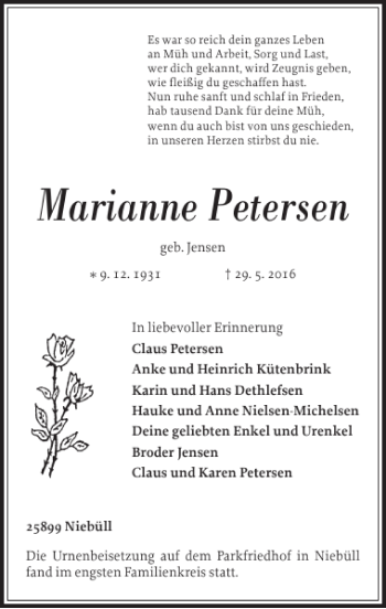 Traueranzeige von Marianne Petersen von Nordfriesland Tageblatt