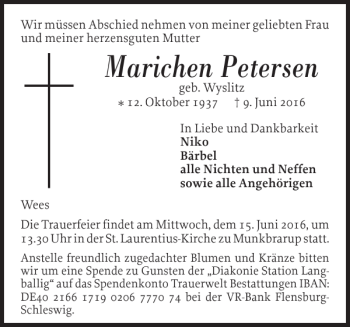 Traueranzeige von Marichen Petersen von Flensburger Tageblatt