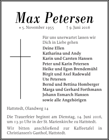 Traueranzeige von Max Petersen von Husumer Nachrichten