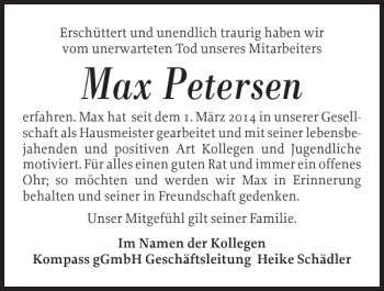 Traueranzeige von Max Petersen von Husumer Nachrichten