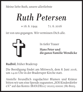 Traueranzeige von Ruth Petersen von Nordfriesland Tageblatt
