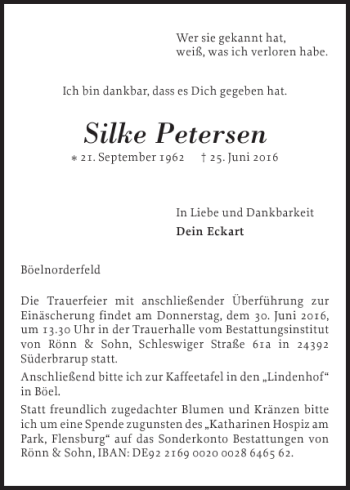 Traueranzeige von Silke Petersen von Flensburger Tageblatt