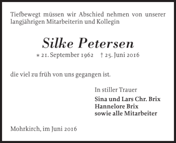 Traueranzeige von Silke Petersen von Flensburger Tageblatt