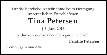 Traueranzeige von Tina Petersen von Flensburger Tageblatt