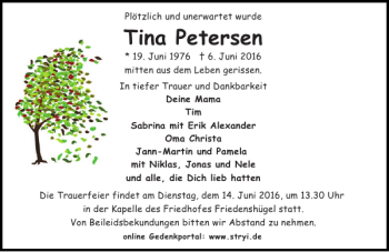 Traueranzeige von Tina Petersen von Flensburger Tageblatt