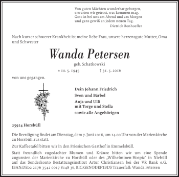 Traueranzeige von Wanda Petersen von Nordfriesland Tageblatt