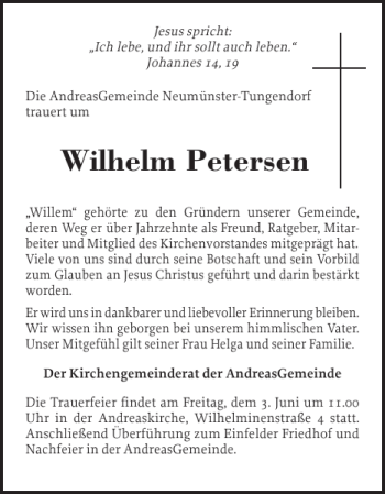Traueranzeige von Wilhelm Petersen von Holsteinischer Courier
