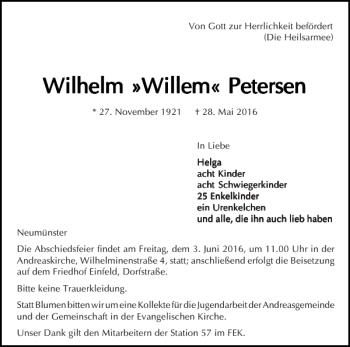 Traueranzeige von Wilhelm Willem Petersen von Holsteinischer Courier