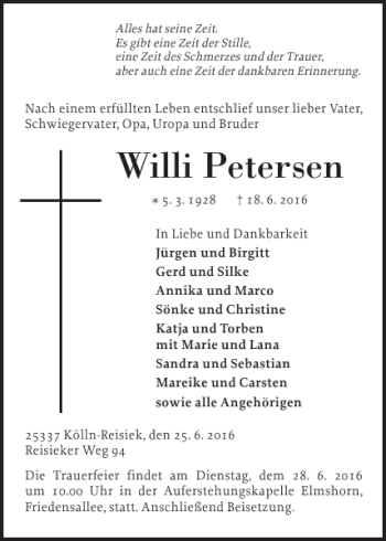Traueranzeige von Willi Petersen von Elmshorner Nachrichten