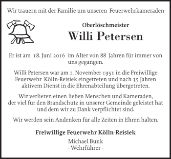 Traueranzeige von Willi Petersen von Elmshorner Nachrichten
