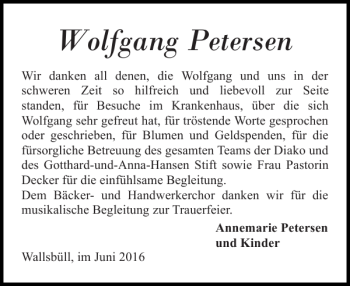 Traueranzeige von Wolfgang Petersen von Flensburger Tageblatt