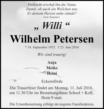 Traueranzeige von 'Willi' Willhelm Petersen von Eckernförder Zeitung