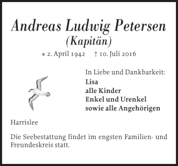 Traueranzeige von Andreas Ludwig Petersen von Flensburger Tageblatt