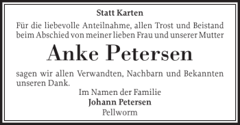 Traueranzeige von Anke Petersen von Husumer Nachrichten