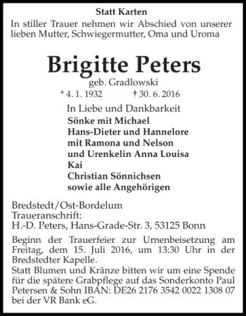 Traueranzeige von Brigitte Peters von Husumer Nachrichten