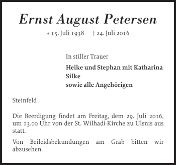 Traueranzeige von Ernst August Petersen von Schleswiger Nachrichten