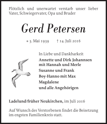 Traueranzeige von Gerd Petersen von Nordfriesland Tageblatt