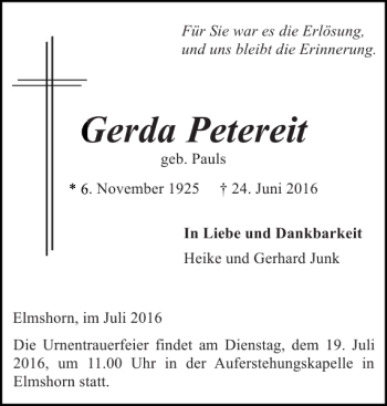 Traueranzeige von Gerda Petereit von Elmshorner Nachrichten