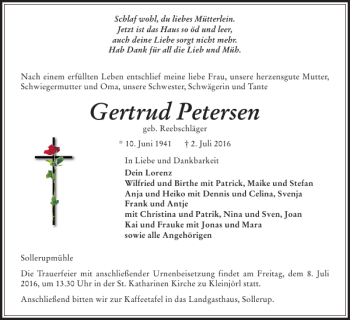 Traueranzeige von Gertrud Petersen von Schleswiger Nachrichten