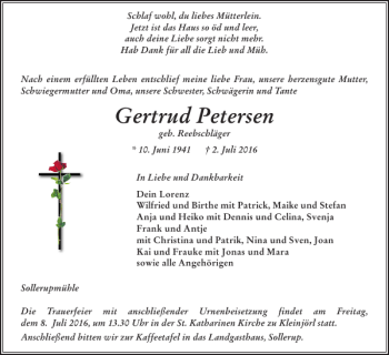 Traueranzeige von Gertrud Petersen von Flensburger Tageblatt